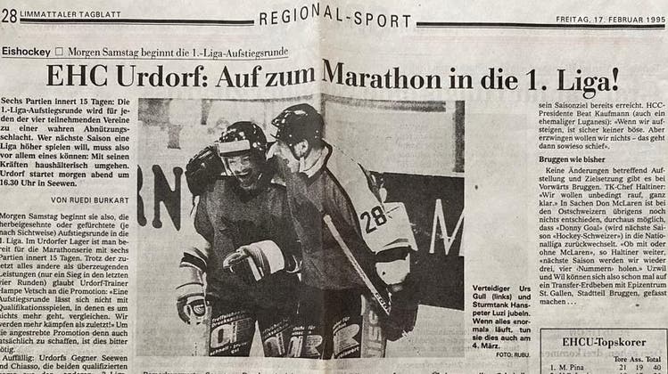 Lange ist's her: Vor 28 Jahren berichtete das «Limmattaler Tagblatt» über die Aufstiegshoffnungen der Urdorfe Eishockeyaner. (zvg)