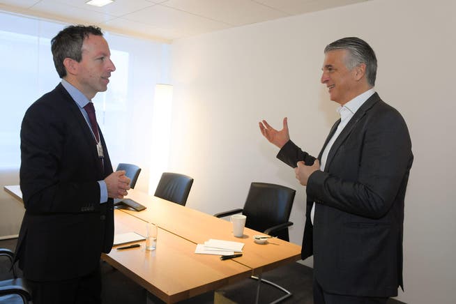 Sergio Ermotti, damals UBS-Chef, in einem Interview mit Patrik Müller, das kurz vor dessen Rücktritt geführt wurde. Nun gibt Ermotti ein Comeback.