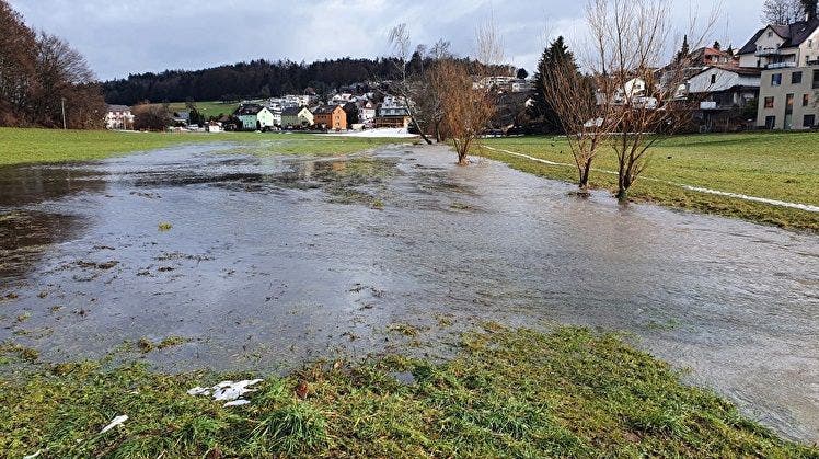 Der Krebsbach tritt bei der Weierwise bei Hochwasser über. (Bild: PD)
