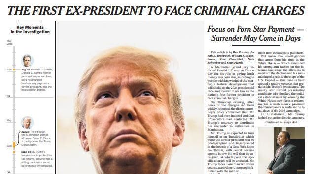 Titelseite der «New York Times»: Erster Ex-Präsident wird angeklagt.