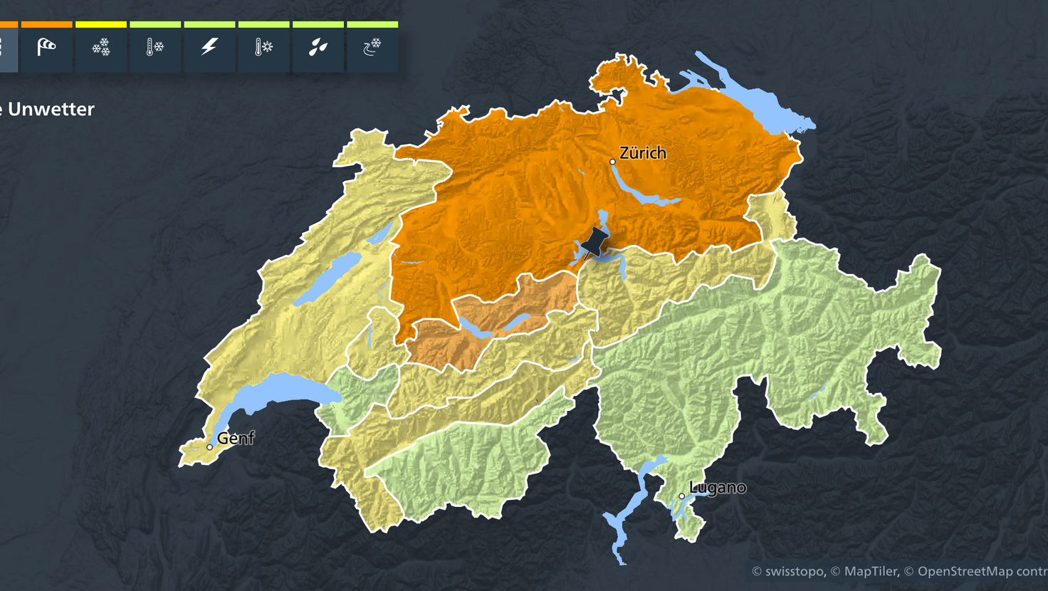 In der Zentralschweiz herrscht die Gefahrenstufe 3. (Bild: Screenshot MeteoSchweiz)
