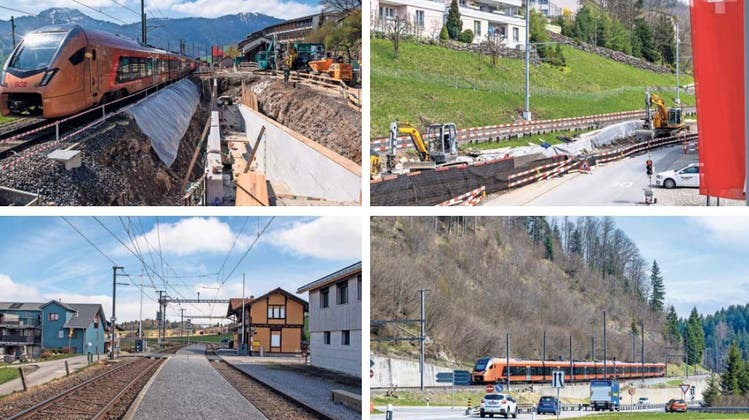 Die SOB investiert in die Schwyzer Bahninfrastruktur: Am Bahnhof Steinerberg (oben links) sind die Arbeiten schon weit fortgeschritten. Es ist keinen Monat her, da erfolgte der Spatenstich für den Neubau des Bahnhofs Sattel-Aegeri (oben rechts). Auch der Bahnhof Altmatt soll saniert werden (unten links). Ab kommendem Jahr packt die SOB den Ausbau auf Doppelspur von Biberbrugg bis Schindellegi an. (Bilder: Erhard Gick)