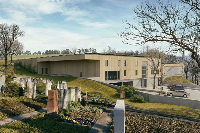 Zu gross und zu teuer, monieren die Gegner: Projekt-Visualisierung des geplanten neuen Werkhofs Binningen an Hanglage beim Friedhof.