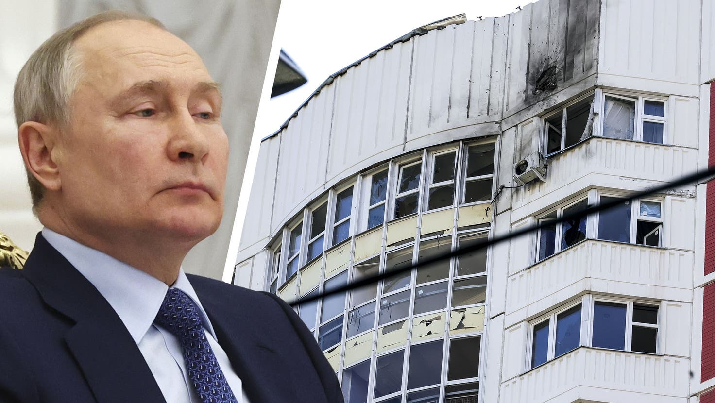 Beschädigtes Wohnhaus mitten in Moskau: Den Schaden soll eine Drohne angerichtet haben. Wer sie steuerte, ist nach wie vor unklar. (Bild: AP)