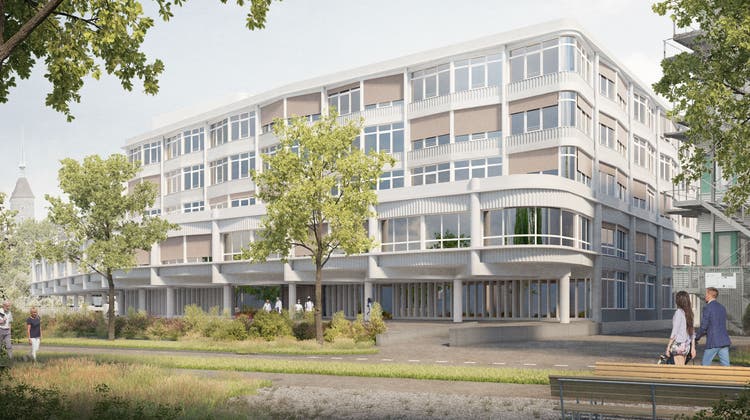 Sicht von der Schachenallee auf den künftigen Neubau der Klinik Hirslanden im Aarauer Kern-Areal. Links hinten ist der Obertorturm zu sehen. (Bild: Ovi Images/zvg)
