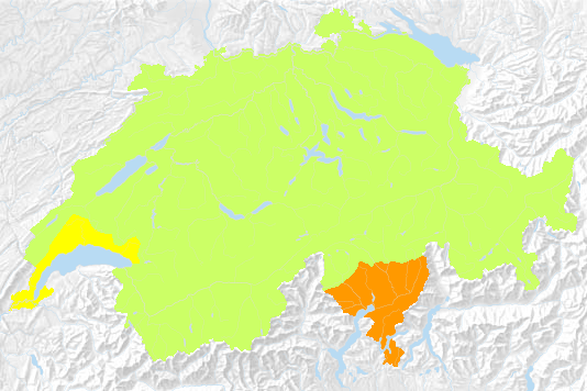 The federal heat warning from Monday for the current week: There is currently only a risk in the Lake Geneva basin and in southern Switzerland.