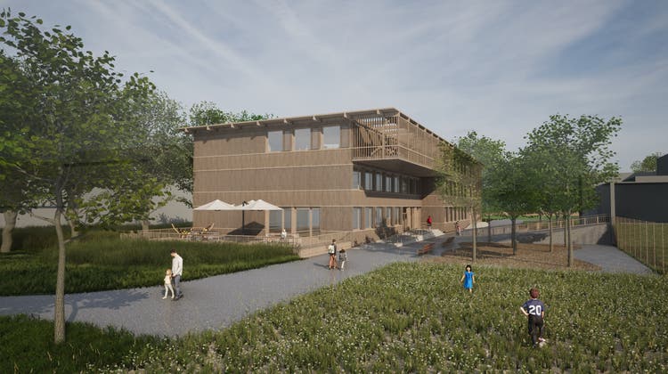 Visualisierung der Tagesschule, die in Holzmodulbauweise neben dem Aare-Schulhaus gebaut werden soll. (Bild: zvg)