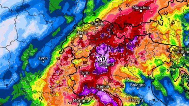 The precipitation forecast from Kachelmannwetter.com for Sunday and Monday.  Light Blue: 1-2ml, Yellow: 30-40ml, Purple: 200-300ml.