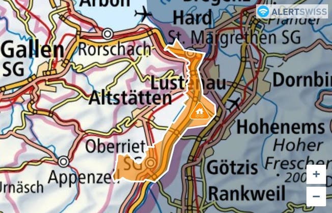 The area affected by the Alertswiss.ch flood warning on the lower reaches of the Alpenrhein before it flows into Lake Constance.