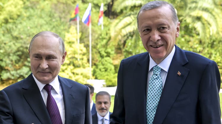 Russlands Präsident Wladimir Putin (links) begrüsst seinen türkischen Amtskollegen Recep Tayyip Erdogan in Sotschi. (Bild: Alexei Nikolsky/AP)
