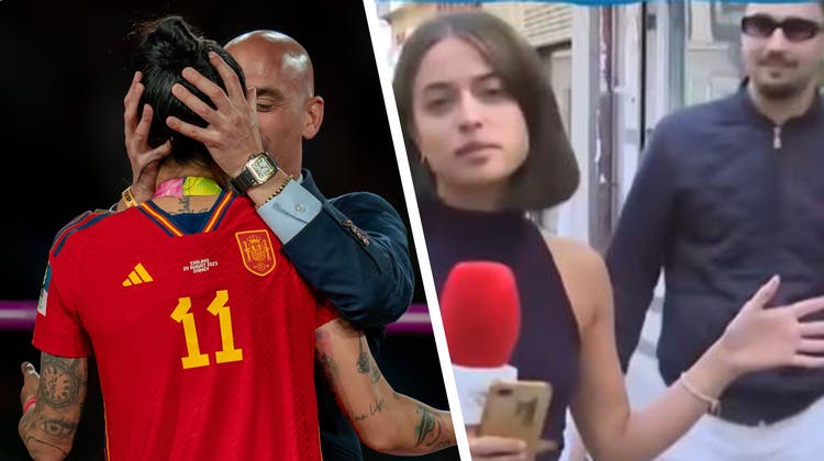 Hier ein ungewollter Kuss, da eine ungewollte Hand am Po – gleich zwei sexuelle Übergriffe vor laufender Kamera schlagen zurzeit hohe Wellen in den spanischen Medien. (Bilder: Imago, Youtube)