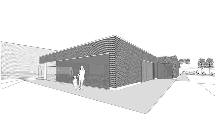 Visualisierung des neuen Sportplatzes mit dem Clubhaus. (Bild: zvg)