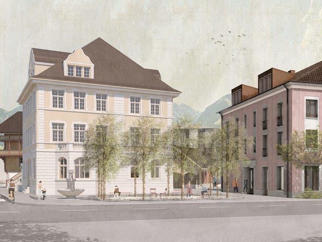 Visualisierung der Westfassade am neuen Standort der Kantonsbibliothek an der Bahnhofstrasse 2 in Sarnen.