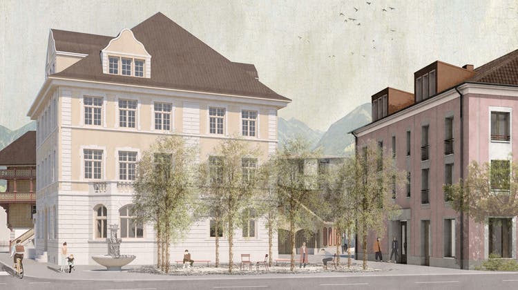 Visualisierung der Westfassade am neuen Standort der Kantonsbibliothek an der Bahnhofstrasse 2 in Sarnen. (Visualisierung: zvg)