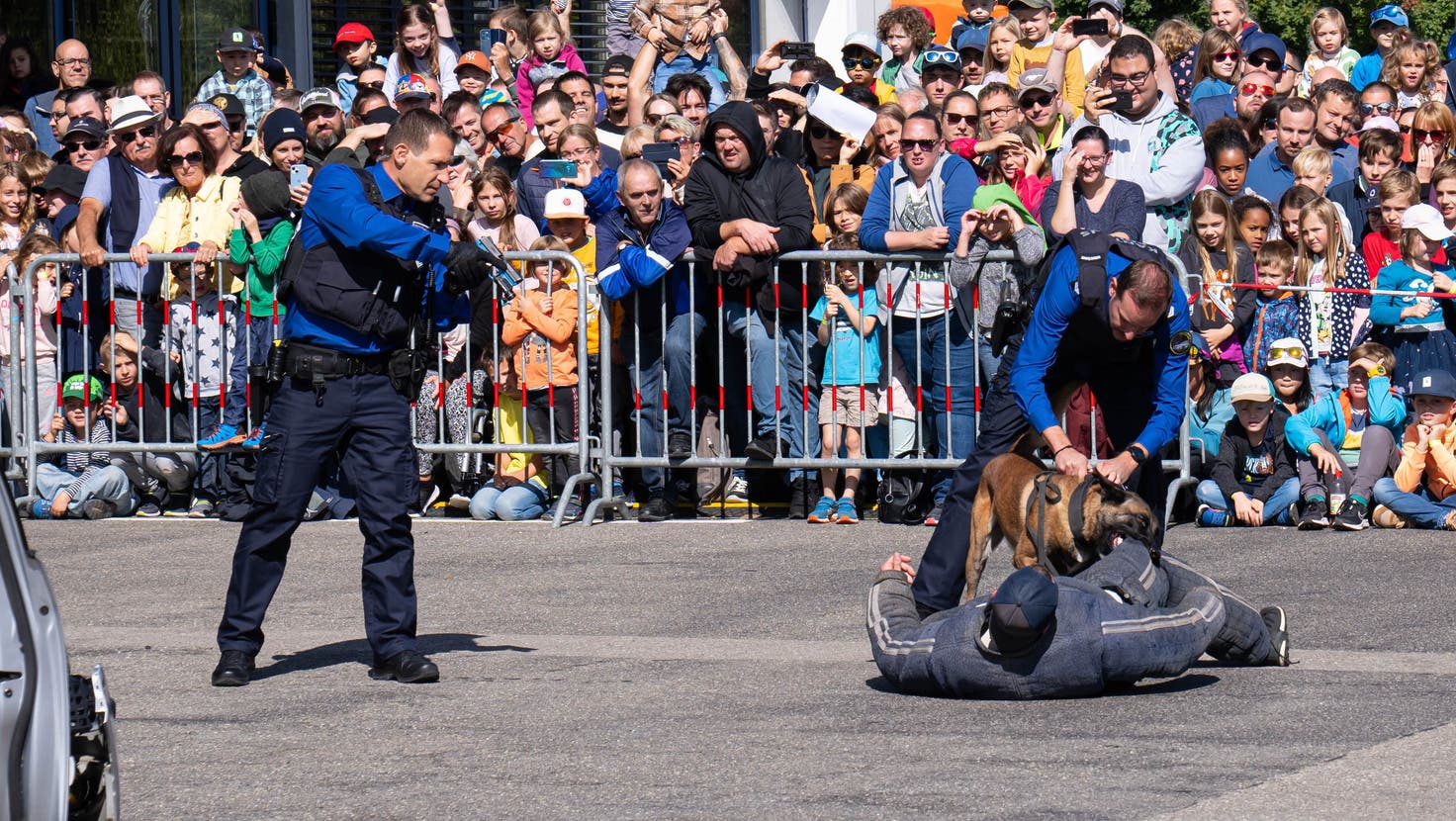 Die Kantonspolizei Aargau zeigt dem Publikum einen «Gangster-Stopp» – zum Einsatz kommen Nagelbänder und ein Polizeihund. (Bild: Dominic Kobelt)
