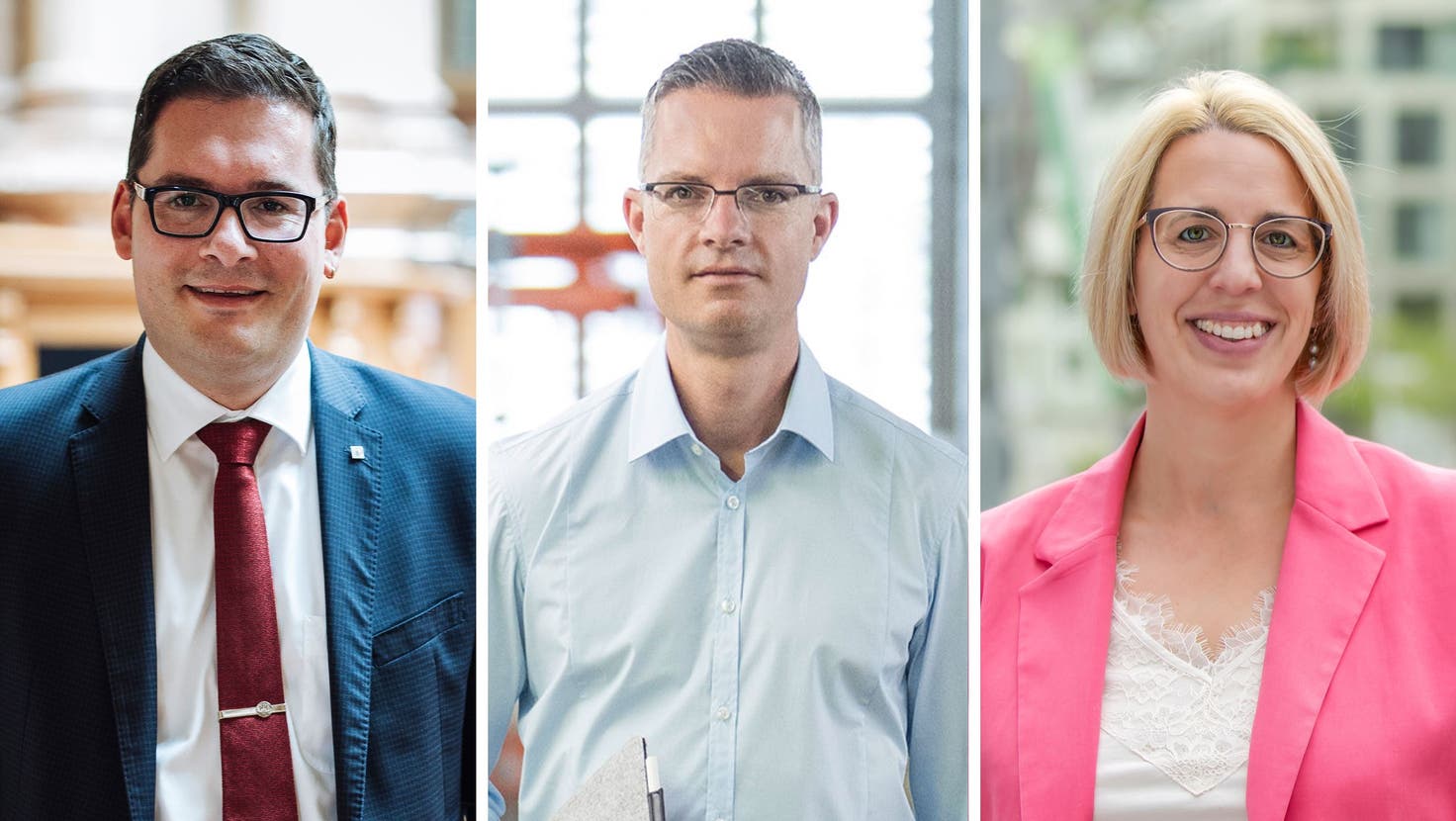 Kämpfen um den Sitz im Nationalrat: Amtsinhaber David Zuberbühler (SVP), Matthias Tischhauser (FDP) und Claudia Frischknecht (Die Mitte). (Bilder: zVg)