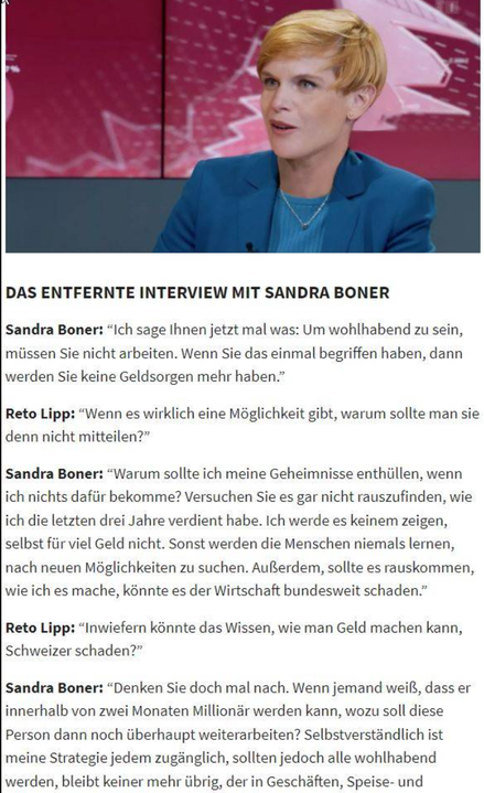 Das erfundene Interview zwischen Sanda Boner und Reto Lipp. Alles frei erfunden, um ahnungslose Personen zu täuschen.