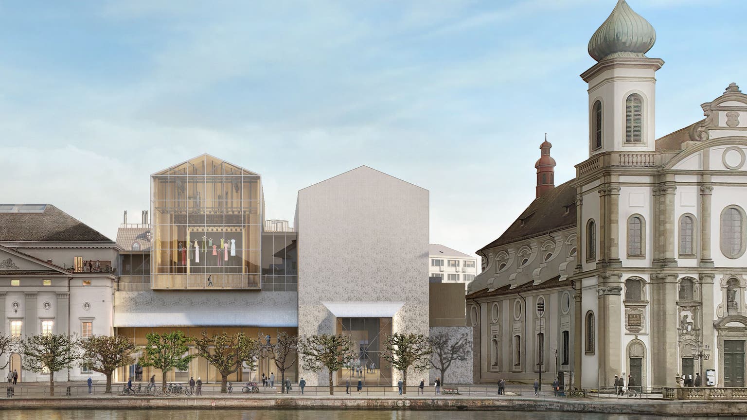 So präsentiert sich das neue, überarbeitete Luzerner Theater zwischen dem Altbau und der Jesuitenkirche. (Visualisierung: zvg)