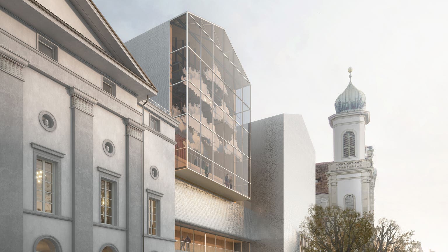 Das Panoramafenster verleiht dem Neuen Luzerner Theater ein Gesicht. (Visualisierung: Filippo Bolognese Images)