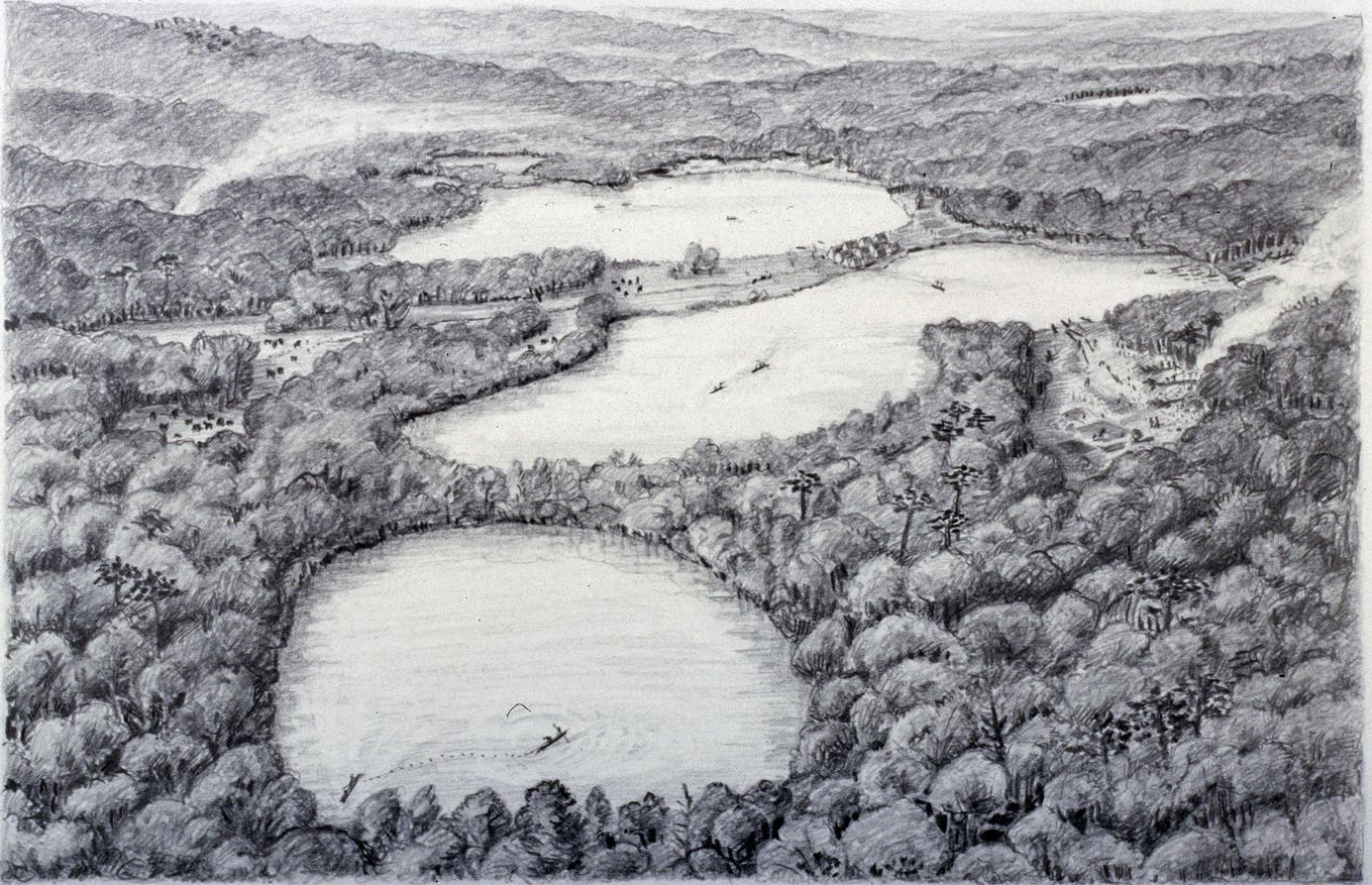 Künstlerische Ansicht der Dreiseenlandschaft unbekannten Ursprungs.